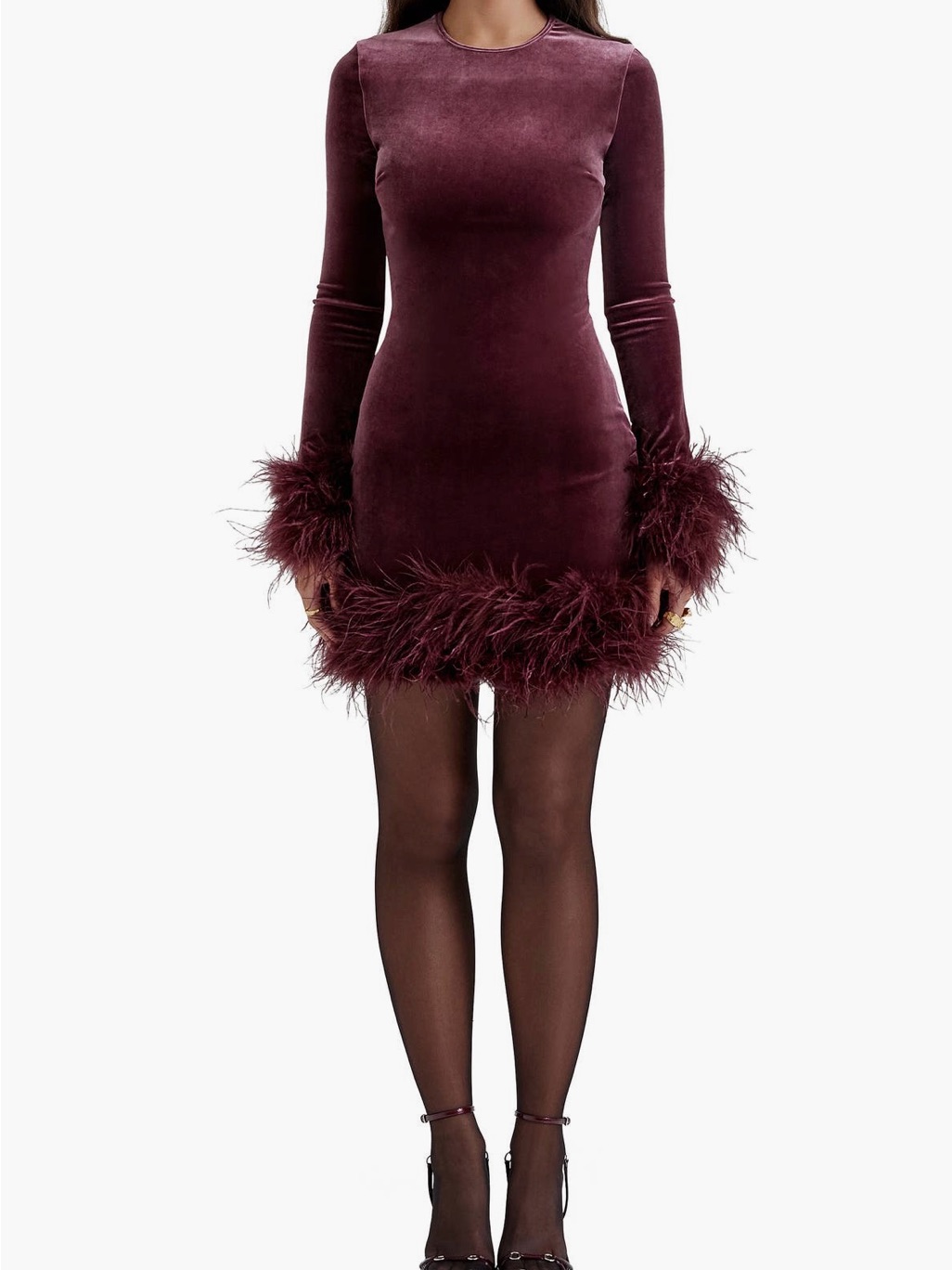 House Of Cb Velvet Feather-Trim Long Sleeve Dress In Burgundy